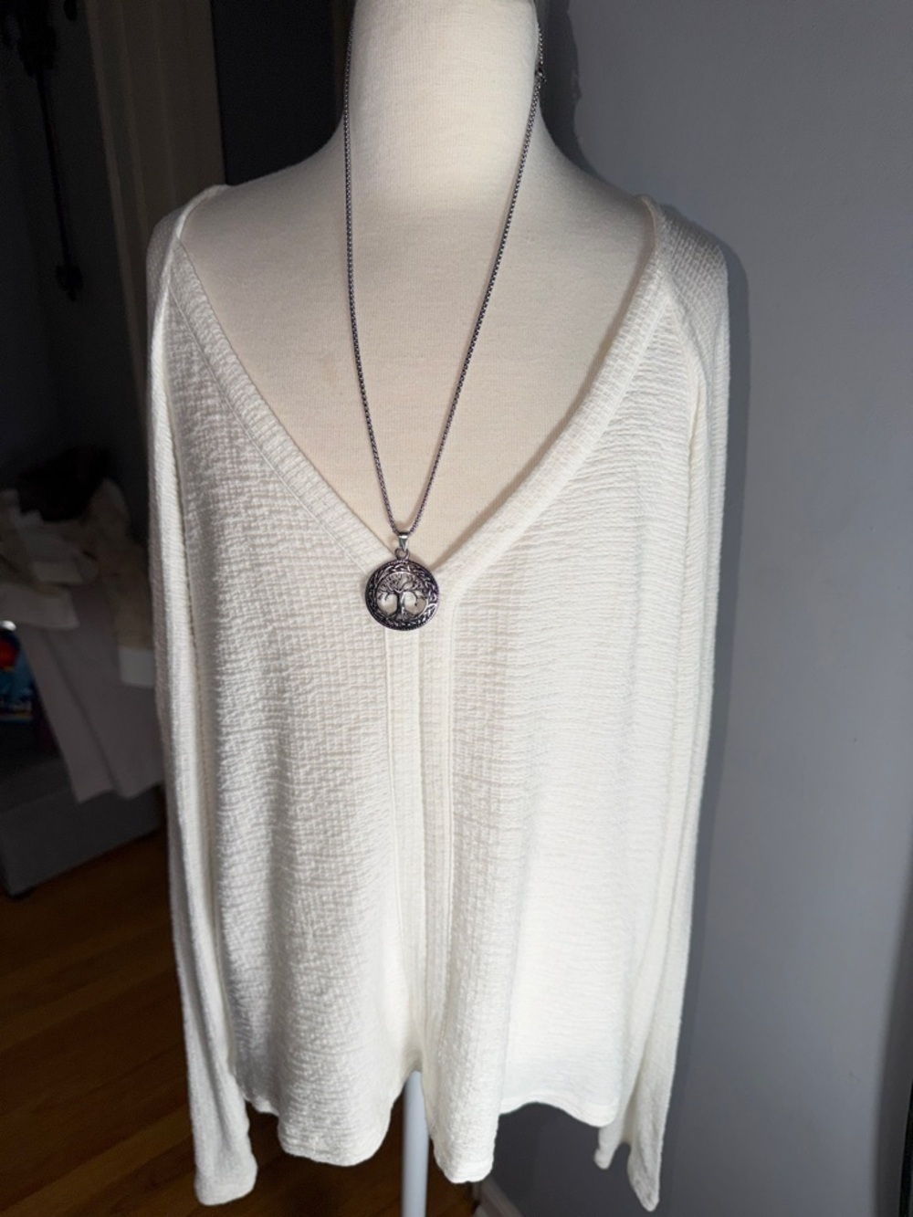 Anthropologie Ivory Textured V-Neck Knit Top